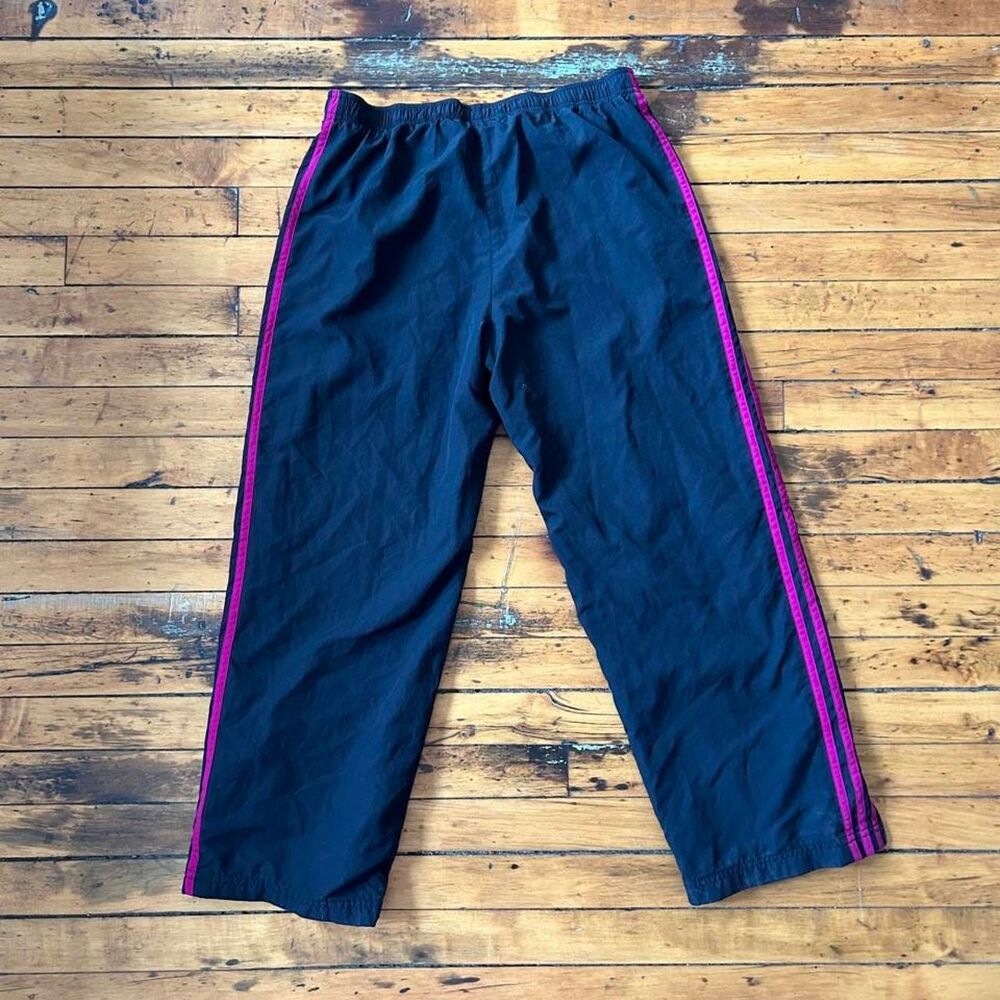 Vintage Adidas Y2K Track Pants Black Pink 3 Stripe Windbreaker Medium